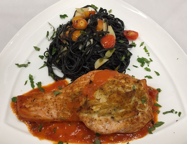 Stuffed Salmon with Black Ink Linguine