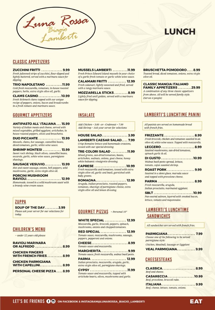 Our Menu Luna Rosa Biagio Lamberti